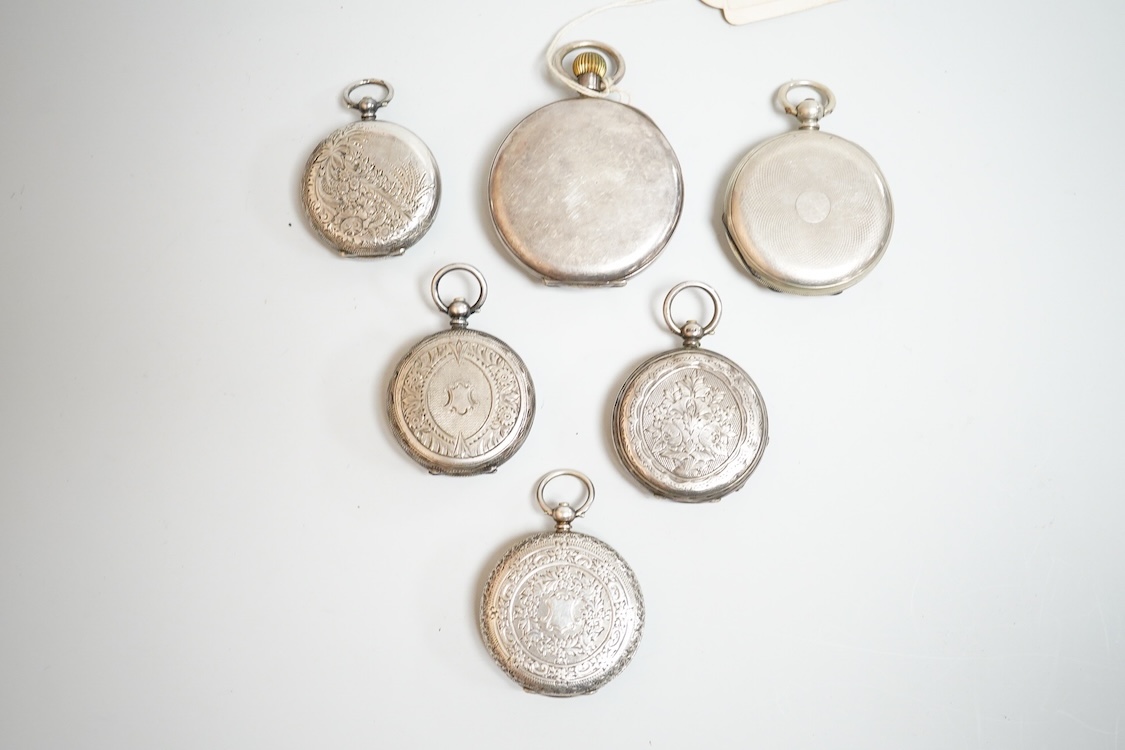 An early 20th century silver open faced pocket watch, with Arabic dial and subsidiary seconds, together with four other white metal open faced fob watches and a white metal half hunter pocket watch, case diameter 44mm.